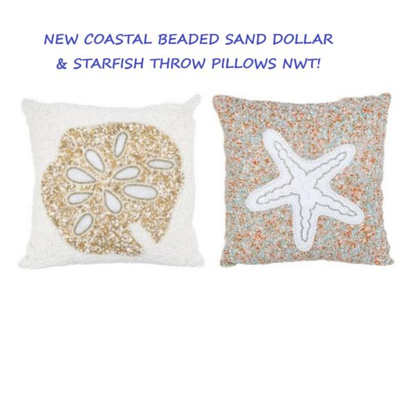 COASTAL BEADED SAND DOLLAR & STARFISH 14" X 14" THROW PILLOWS/DECOR CASES🆕HP - Picture 1 of 15